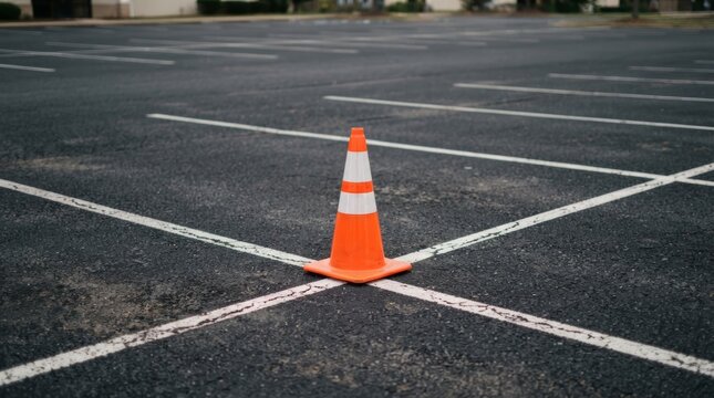 Single orange traffic cone stands on an empty asphalt parking lot with white lines.