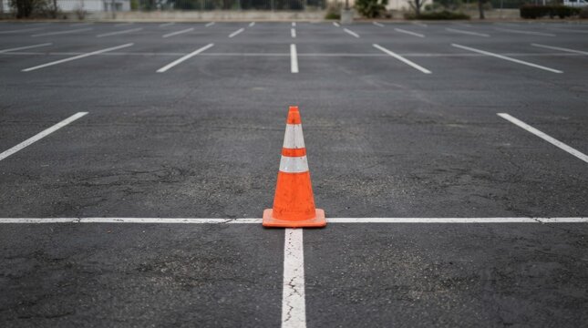 Bright orange cone sits at the intersection of white parking lines outdoors.