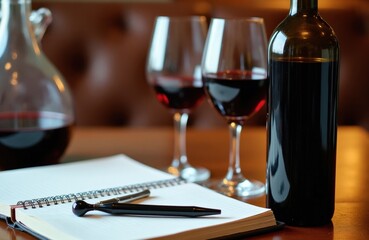 Naklejka premium Glass bottle of dark red wine stands beside two crystal glasses, glass decanter on wooden table. Open notebook with pen lies near drink for pro sommelier evaluation task. Expert records tasting notes