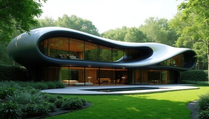 Fototapeta premium Curvy modern house with glass walls sits in green nature. Unique futuristic architecture features sleek lines and organic form. Luxury residence blends with trees and plants, featuring a pool.
