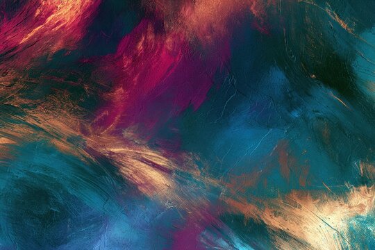 Contemporary painterly background of mixed-media textures in teal, magenta, and gold