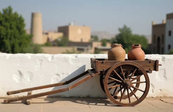 Old wooden cart with large wheels stands near white stone wall. Two handmade clay jugs sit on top of antique wagon in street. Traditional Uzbek vehicle rests outdoor in historic city center during