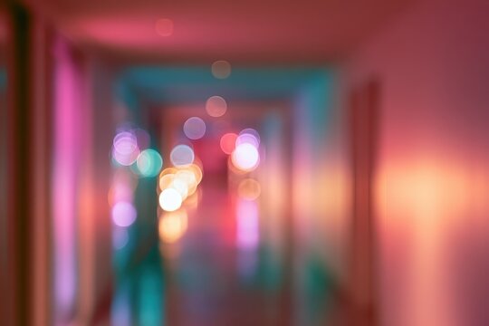 Dreamy soft-focus hallway with vibrant bokeh lights for portraits