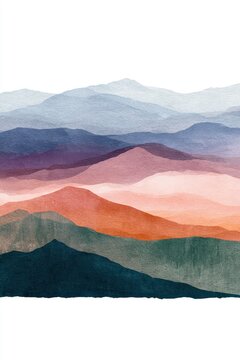 Layered mountain textures in vibrant pastel hues on a clean white background