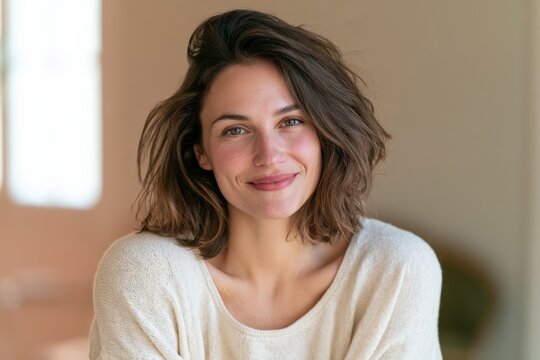 Bright, candid portrait of a young woman with a friendly expression in natural lighting
