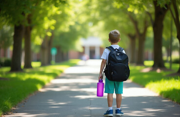 Fototapeta premium Small boy carries black backpack on back walking to school building. Elementary student holds purple water bottle in hand on sunny park path. First grade child starts education year outdoors. Young