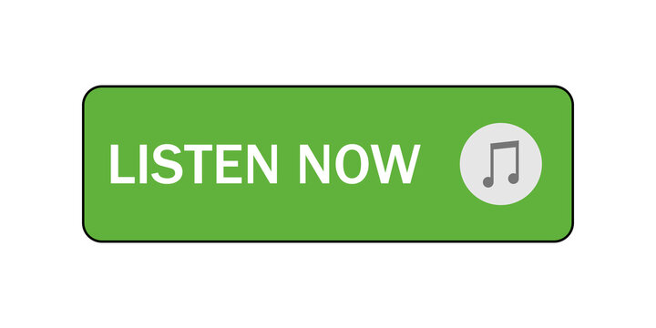 Green listen now button with music note icon for web and digital audio streaming interface