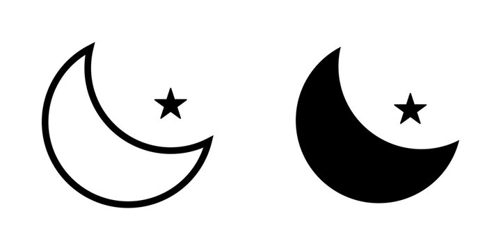 Black crescent moon and star icons set with outline and solid fill styles