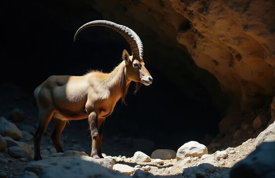 Wild bezoar ibex stands inside rocky mountain cave. Adult male goat with curved horns explores dark stone shelter in natural habitat. Rare endangered capra aegagrus creature rests near cliff side.