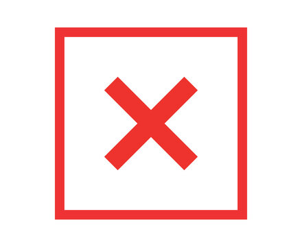 Red square frame icon with a large cross symbol inside for rejection or stop sign design