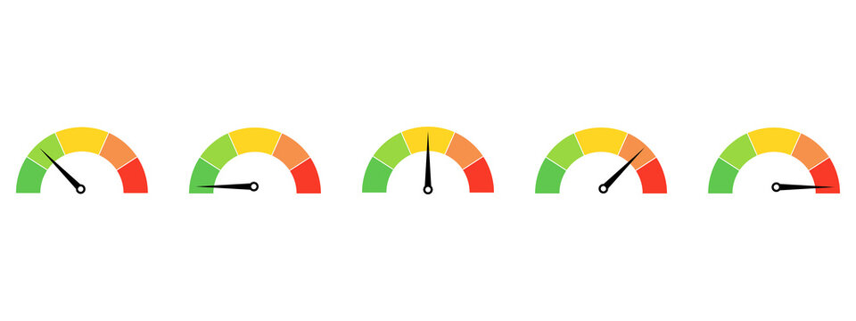Set of five colorful speedometers showing different performance levels from low to high