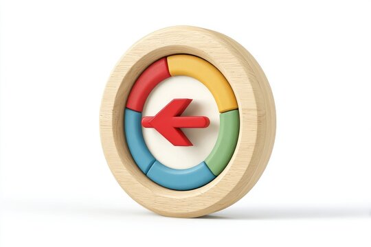 Wooden circular puzzle with colorful sectors and red arrow