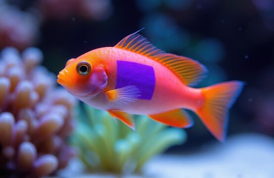 Bright orange, pink squarespot anthias fish swims underwater in ocean reef. Vibrant Pseudanthias pleurotaenia tropical animal with purple square mark near gills glides near coral. Beautiful small