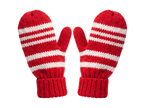 Red knitted mittens with white stripes on transparent background