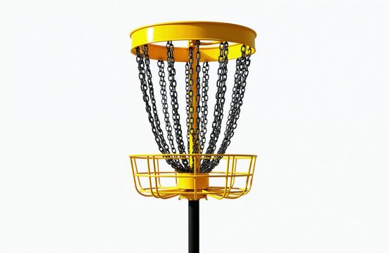 Yellow disc golf basket stands alone on white background. Offers outdoor fun, fitness activity, and sport recreation. Great for park or backyard games. Supports healthy lifestyle.