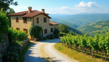 Naklejka premium Stone country house in Italian hills with vineyard and rolling green landscape. Sunny day with blue sky and clouds. Rural getaway scenic view.