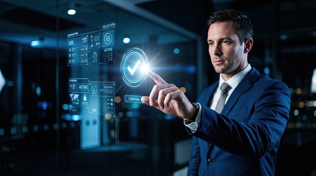 Professional businessman interacting with a futuristic digital interface showing a glowing checkmark icon for success and approval