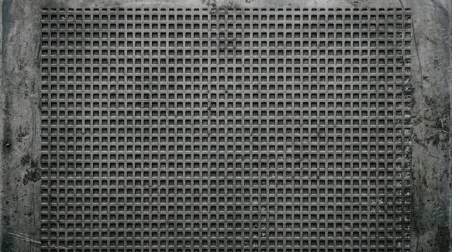 A detailed close up view of a weathered metal grate with a repeating square grid pattern
