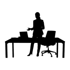 Fototapeta premium Silhouette of businesswoman presenting at modern office meeting with laptop and chairs isolated on transparent background, Vector
