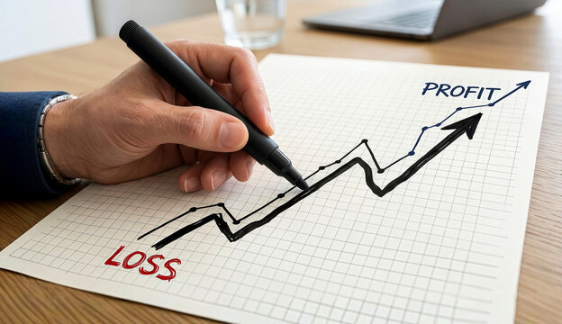 A hand drawing business profit and loss financial growth graph on paper