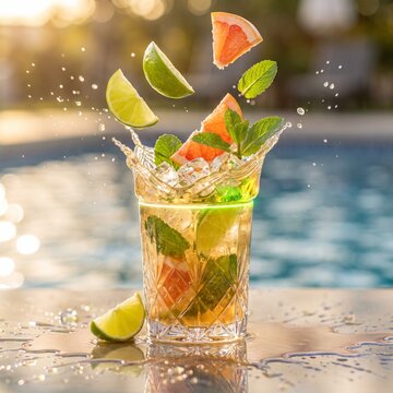 Refreshing summer cocktail with lime and grapefruit splash, cold citrus mojito by swimming pool, tropical iced drink with mint