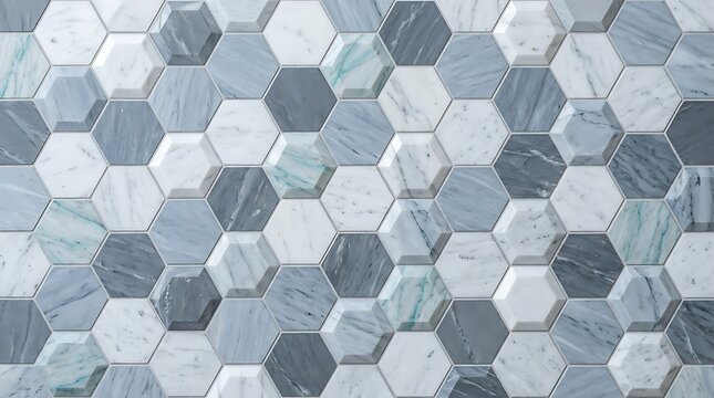 Modern hexagonal marble mosaic tiles in various shades of gray and white