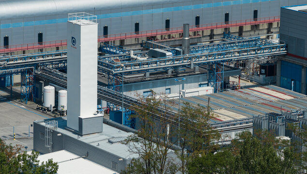 Crolles, France - 01 August 2026: Aerial view of Air Liquide industrial gas infrastructure at the STMicroelectronics semiconductor campus, featuring pipelines and utility systems.