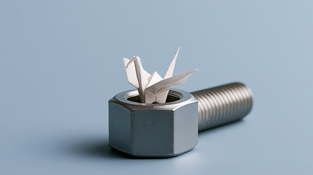 Delicate White Origami Crane Perched Atop a Large Metallic Nut with a Corresponding Bolt Nearby on a Calm Background
