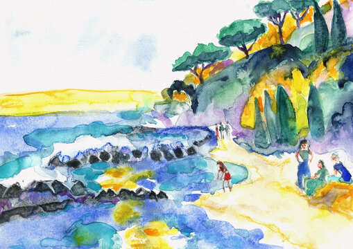 Mediterranean Rocky Coast with Pine Trees and Beachgoers. Hand-Painted Watercolor