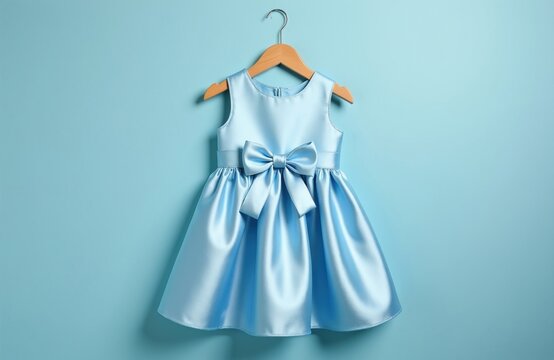 Satin baby blue dress hangs on wooden hanger. Cute girl outfit features large bow detail. Perfect for special events like parties birthdays or weddings.