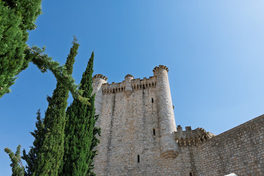 Tiedra castle towering over cypress trees in spain