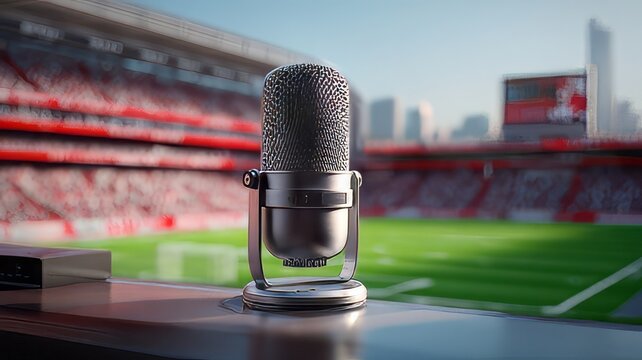 Professional broadcast microphone in football stadium, silver condenser mic for sports commentary, live media reporting at soccer arena
