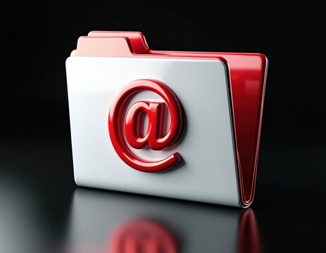 White red document folder with at symbol stands on glossy black surface. Digital mailing icon shows electronic correspondence concept. Computer software directory organization represents network data