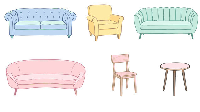 Doodle set of living room furniture, hand drawn vector icons and pastel couch illustrations for interior design.