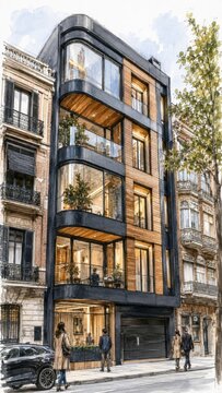 Watercolor Sketch of Modern Wood and Glass Building Inserted Between Classic European Architecture, Urban Renewal Illustration, Vertical