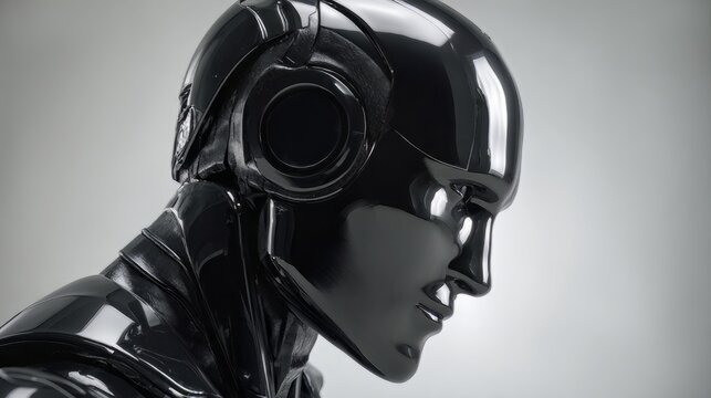 Futuristic black robot head with glowing eyes, sleek humanoid cyborg profile, glossy metallic android technology concept