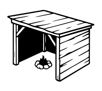 Isometric bushcraft lean to shelter icon with campfire vector wood shack illustration