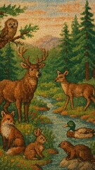 Naklejka premium Woodland animals in tapestry illustration.