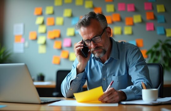 Mature male worker wears eyeglasses talking on phone at desk. Pro man writes on yellow sticky note in office with colored paper notes on background wall. Laptop, cup sit on table. Employee manages