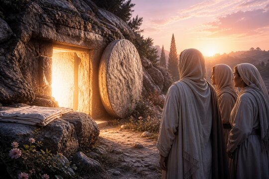 Three women witness the empty tomb of Jesus Christ, illuminated by dawn. This powerful resurrection scene symbolizes faith, new beginnings, and profound spiritual transformation.