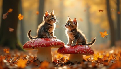 Fototapeta premium Two tabby kittens sit on large red mushrooms in a forest. Autumn leaves fall around them. The small cats look at each other. Sunlight filters through trees. Forest floor has many brown leaves.