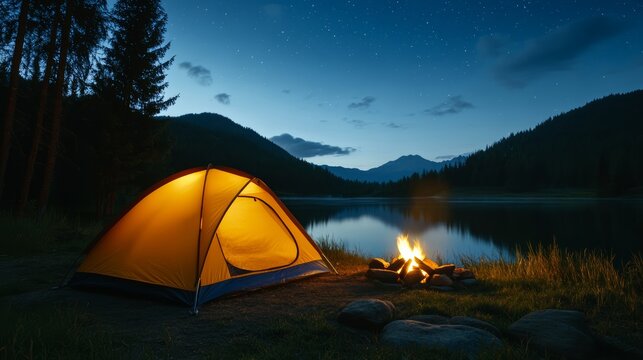 Camping Under the Stars: A solitary orange tent glows warmly beside a serene lake at twilight, with a crackling campfire casting an inviting light, framed by silhouetted mountains and a deep blue sky.