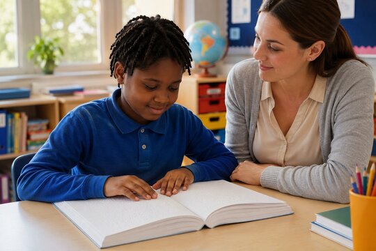 Blind student reading Braille with teacher, World Braille Day concept