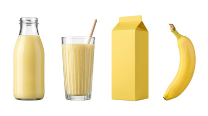 Banana milk set with glass bottle, smoothie, yellow carton, and fresh banana © Fongrin