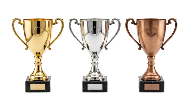 Gold, silver, and bronze winner trophy cup set on marble bases