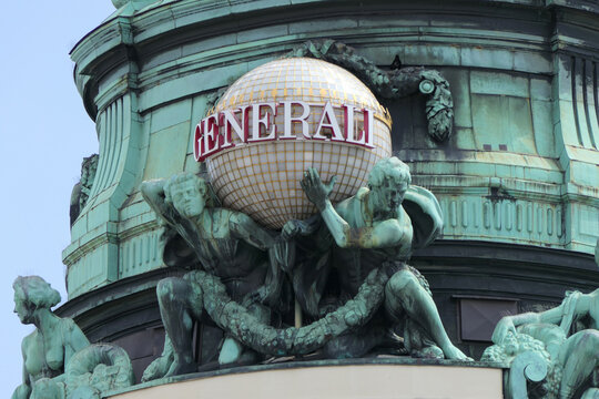 Generali Globe and Sculptures on Historic Building at Albertinaplatz in Vienna, Austria