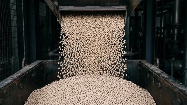 Ceramic catalyst pellets pouring from a chute into a steel hopper