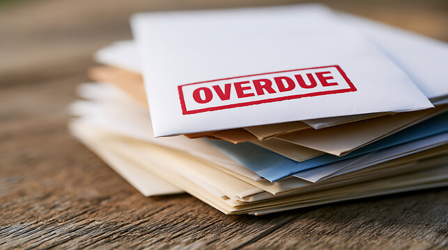 Stack of overdue mail with a red stamp on a white envelope, concept of financial stress and pending bills