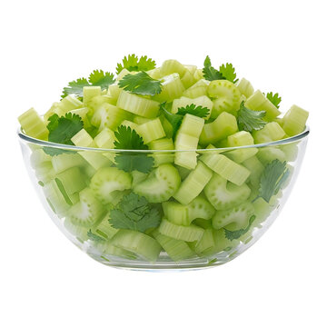 Fresh chopped cilantro in a clear glass bowl on a white background