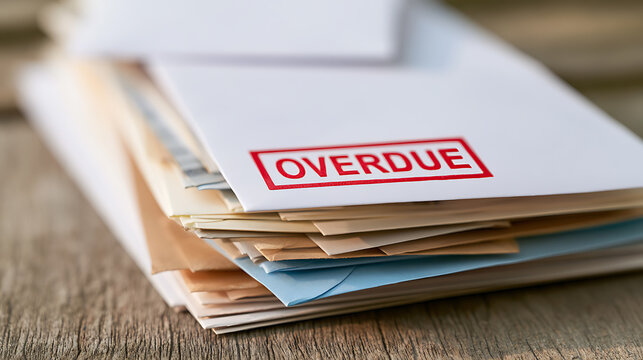 Stack of overdue mail with red stamp on an envelope, symbolizing financial trouble, debt, and unpaid bills